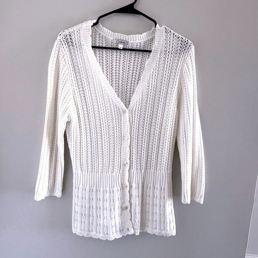 Carducci Open Knit Cotton Cardigan Sweater White L Cottage Coastal Grandma Boho